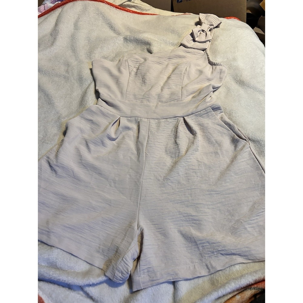 CHICME Womens Medium Light Beige Bow Strap Romper Textured Shorts‎ Jumpsuit